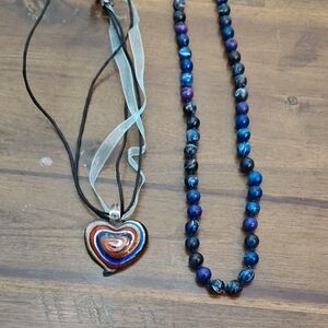Heart Pendant Necklace and Blue Beaded Necklace Set